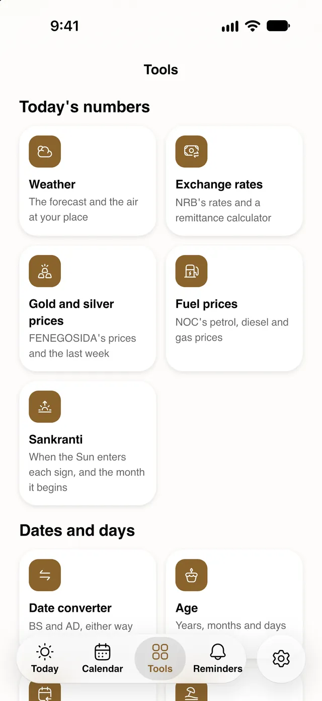 The Tools tab: weather, exchange rates, gold and silver prices, fuel prices and more.